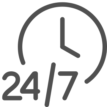 24/7, availability, clock icon