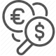 currency exchange, dollar, euro, finance, magnifying glass, money, search icon