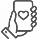 communication, device, emotion, hand, hand holding phone, heart, like, love, message, mobile phone, smartphone, social media icon