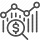 currency, data, financial analysis, graph, magnifying glass, statistics, trends icon